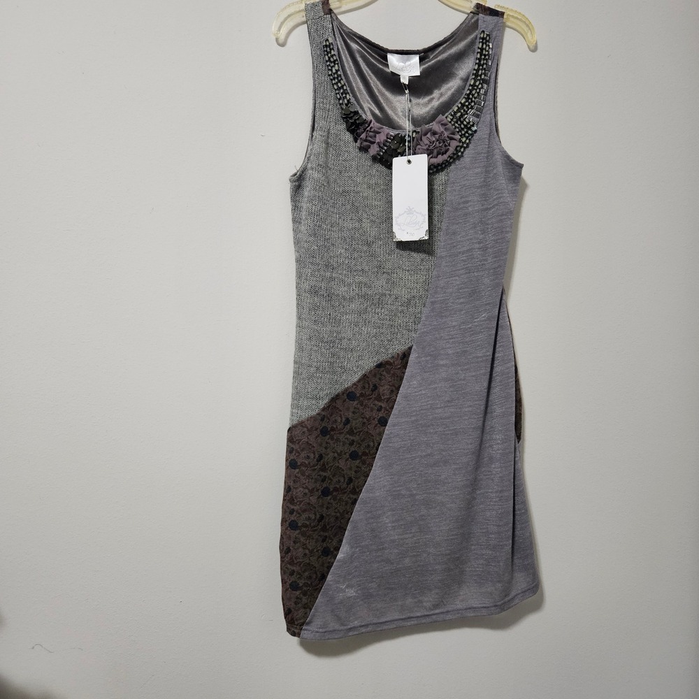 Luluvia Mixed‎ Media Patchwork Mini Dress Grey Brown Embellished Floral Womens S